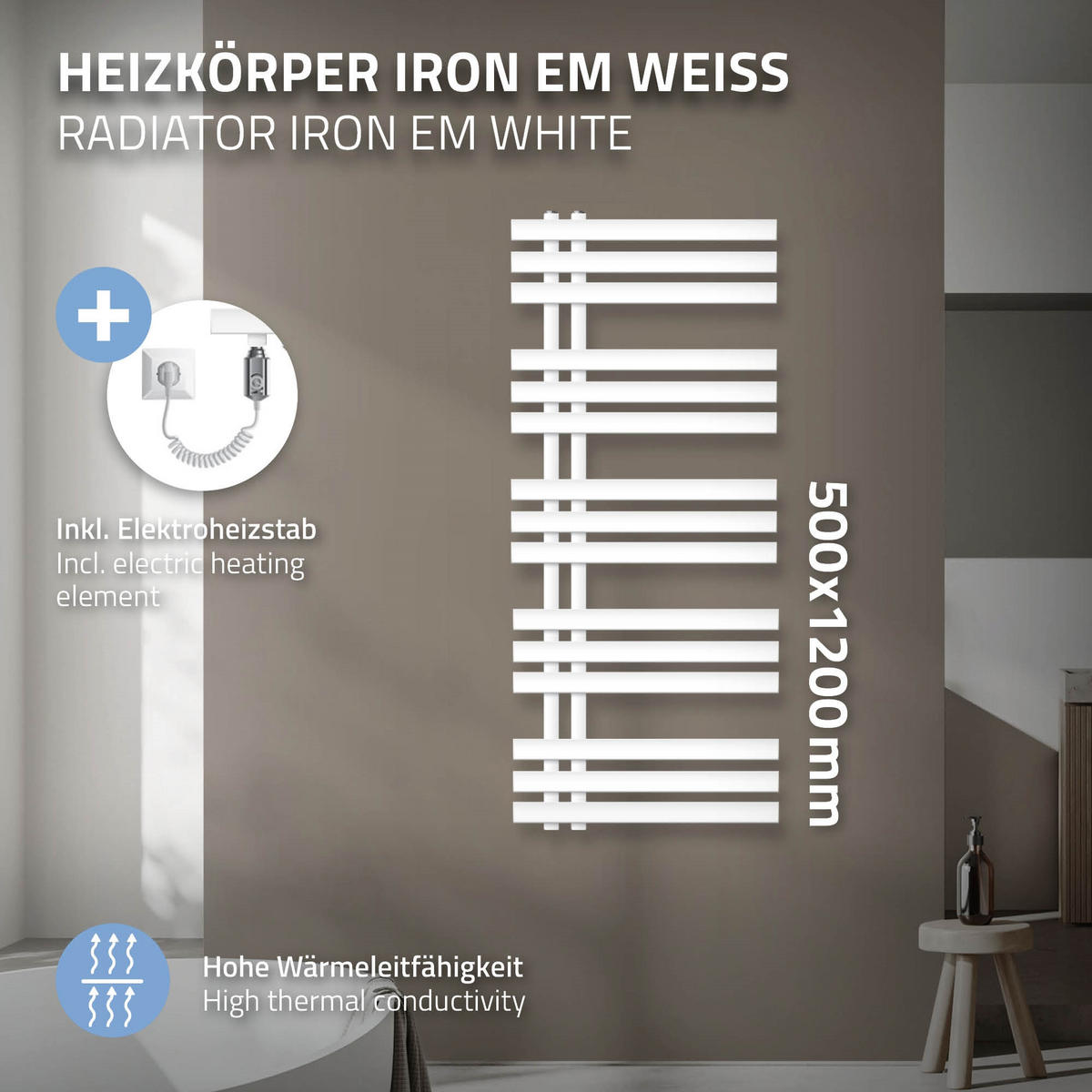 ELEKTRICKÝ koupelnový radiátor Iron EM 500 × 1200 mm, bílý, s topným tělesem 900 W - bílá, kov (50/120/3cm) - LuxeBath