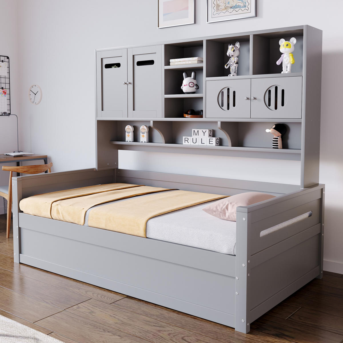 BETT 90/200 cm mit hydraulischem Bettmechanismus und Stauraum Grau Holz - Grau, Holz (90/200cm) - OKWISH