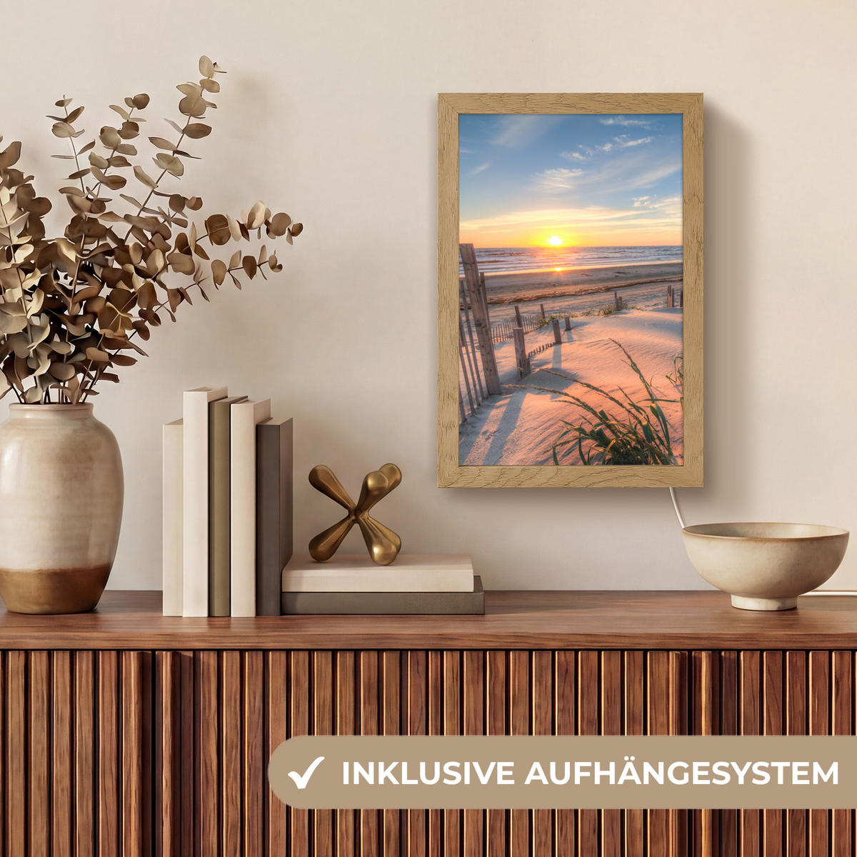 STOLNÍ LAMPA Pláž - Moře - Duna - Západ slunce - Krajina 20x30 cm - krémová, kompozitní dřevo (8/20/30cm) - OnlyWow