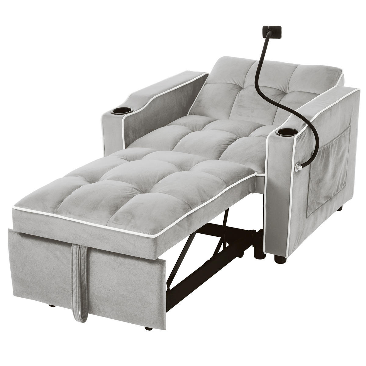 SCHLAFSESSEL Schlafsofa 3-in-1 Ausziehbares Einzel 83/167/76 cm Grau mit Getränkehaltern und Handyhalter - Weiß, Kunststoff (83/76/167cm) - OKWISH