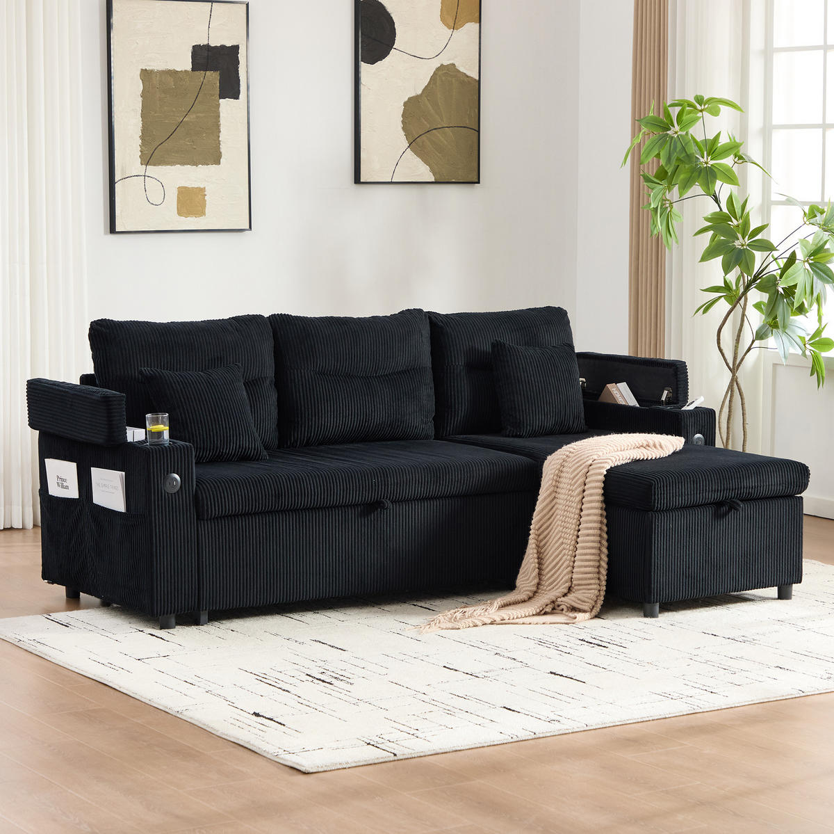 3-SITZER Eckschlafsofa Cord mit Stauraum und USB-Anschluss Schwarz 212,5/136/86 cm - Schwarz, Textil (136/212.5cm) - Redom