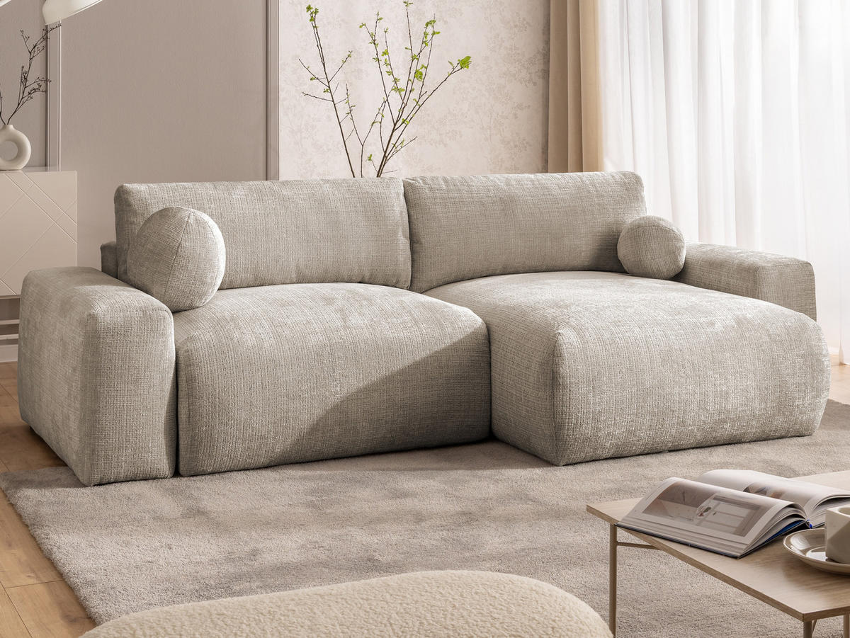 ECKSOFA Puffy mit Schlaffunktion und Bettkasten - besonders weich und puffig aus Dunkelbeige Chenille-Stoff - Ottomane rechts - Beige/Schwarz, Holz/Kunststoff (266/138cm) - S-Style Möbel