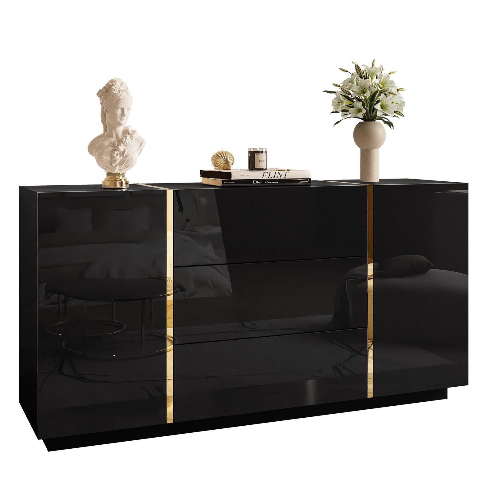 SIDEBOARD MIT SCHUBLADEN ONYX HOCHGLANZ 158 CM PUSH OPEN - Schwarz, Holzwerkstoff (158/81/41.3cm) - Lookway