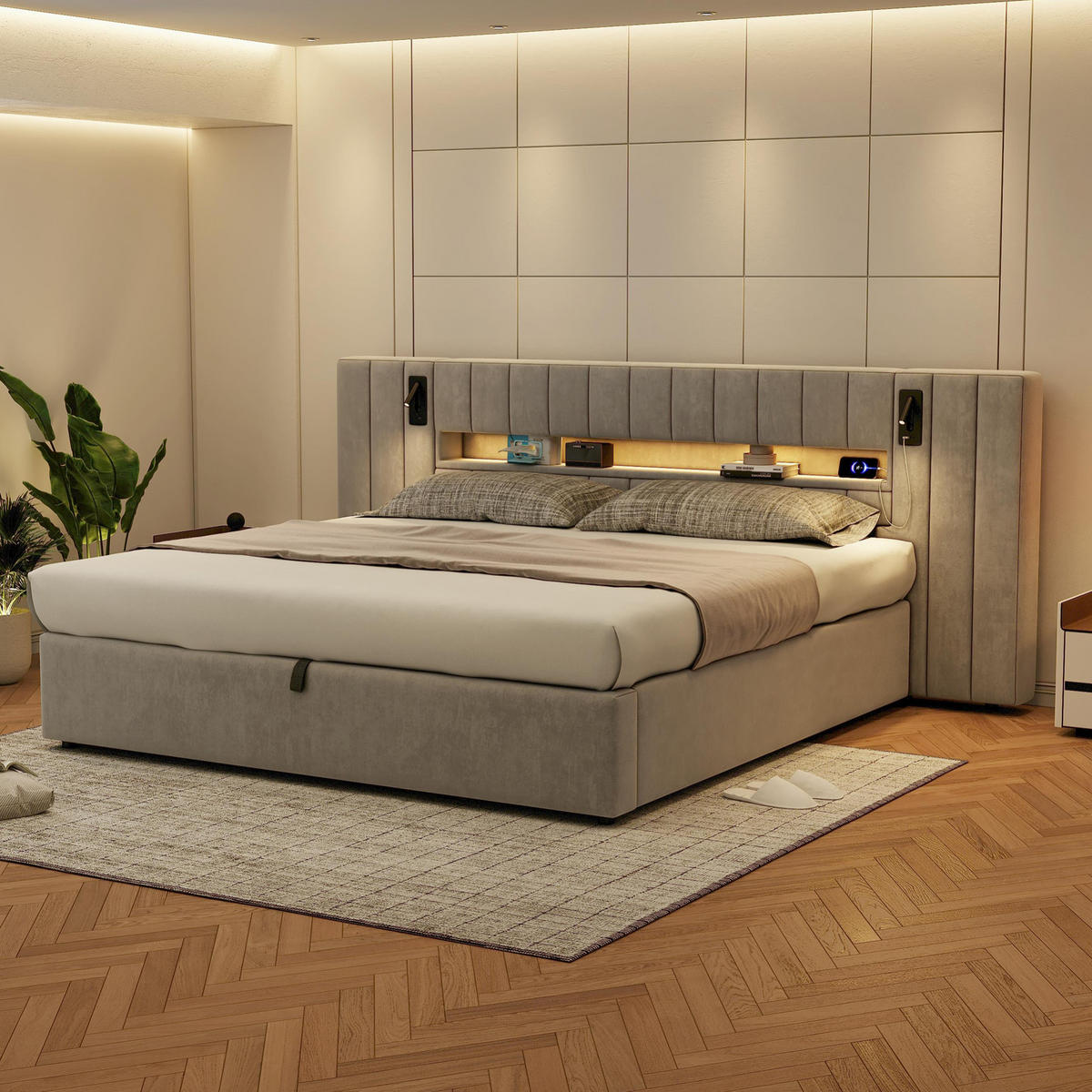 ČALOUNĚNÁ postel ze sametu, lehací plocha 180/200 cm, šedá, s LED osvětlením a USB - šedá, textil (180/200cm) - Modenvie