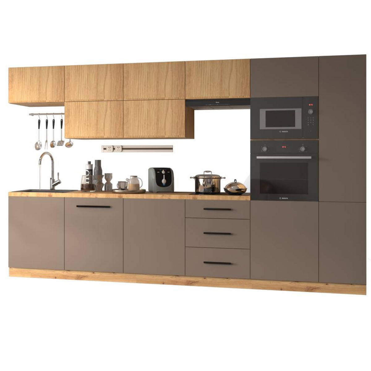 KÜCHENZEILE 340 cm - Langen KL1-M340 in Beige/Artisan Eiche - Beige/Schwarz, Holz (340/212/58cm)