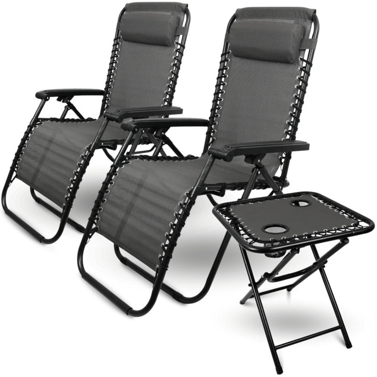 LIEGESTUHL Klappbar 2er Set BRUK mit Klapptisch Anthrazit - Anthrazit, Metall (65/77/86cm) - DELUKE