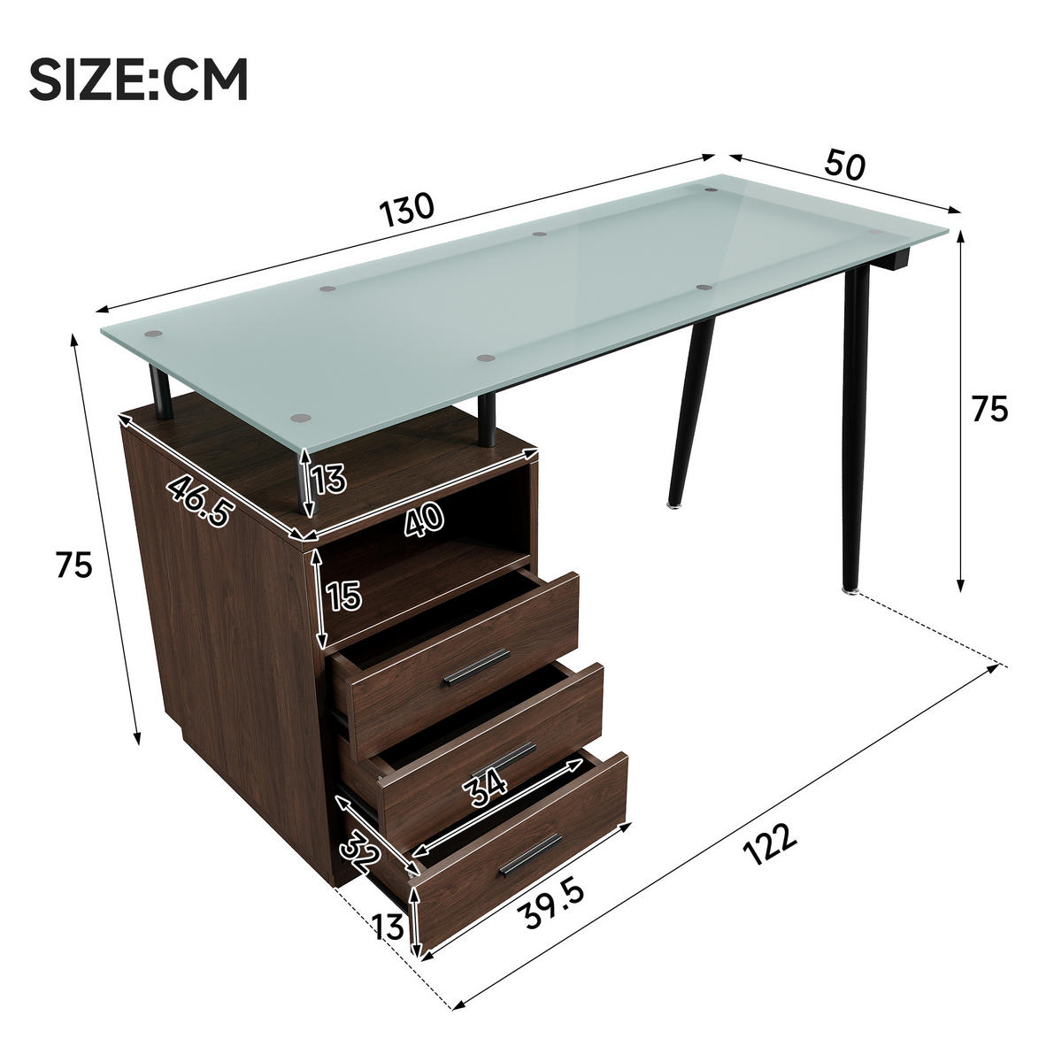 SCHREIBTISCH Braun 130/50/75 cm mit Glasplatte 3 Schubladen und offenem Fach - Braun, Metall (50/130/75cm) - PANGIVO