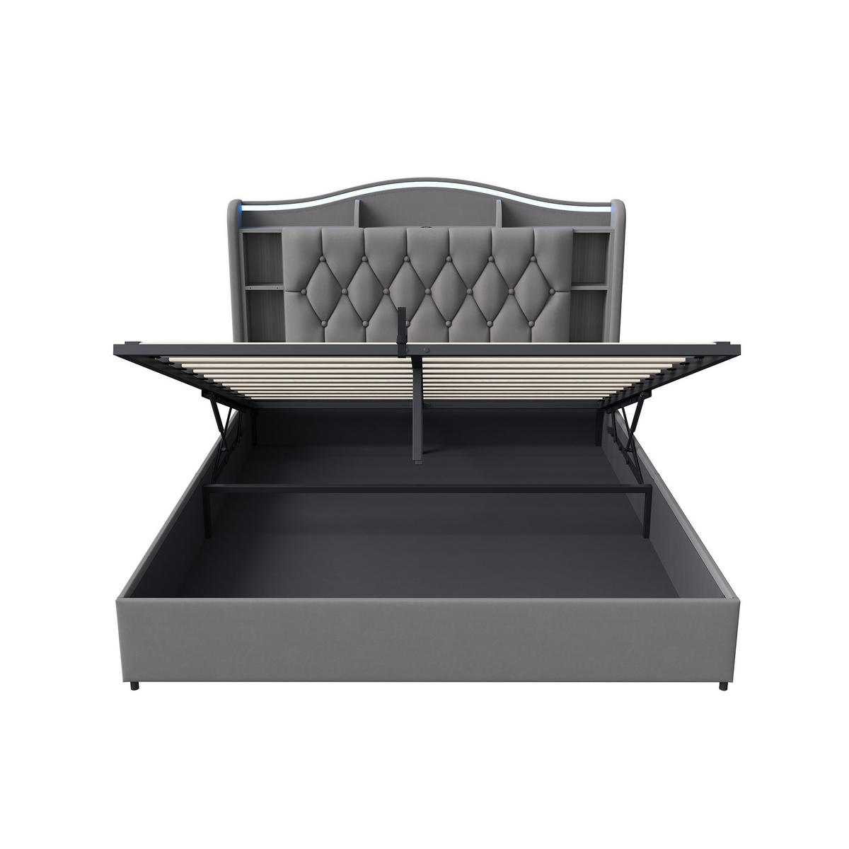 POLSTERBETT 140x190 cm mit Bettkasten, LED & USB, Doppelbett mit Kopfteil Stauraum und kabellosem Laden, Grau - Grau, Metall (140/190cm) - EuroLiving