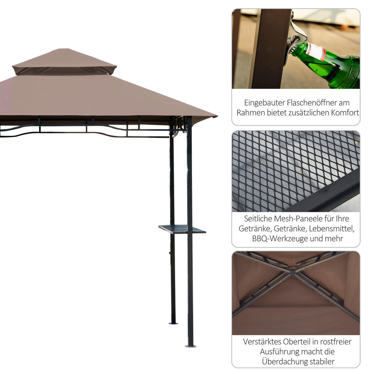 GRILLPAVILLON Stahl+Eisen Kaffeebraun - Dunkelbraun/Schwarz, Kunststoff/Metall (148/252/245cm) - Outsunny