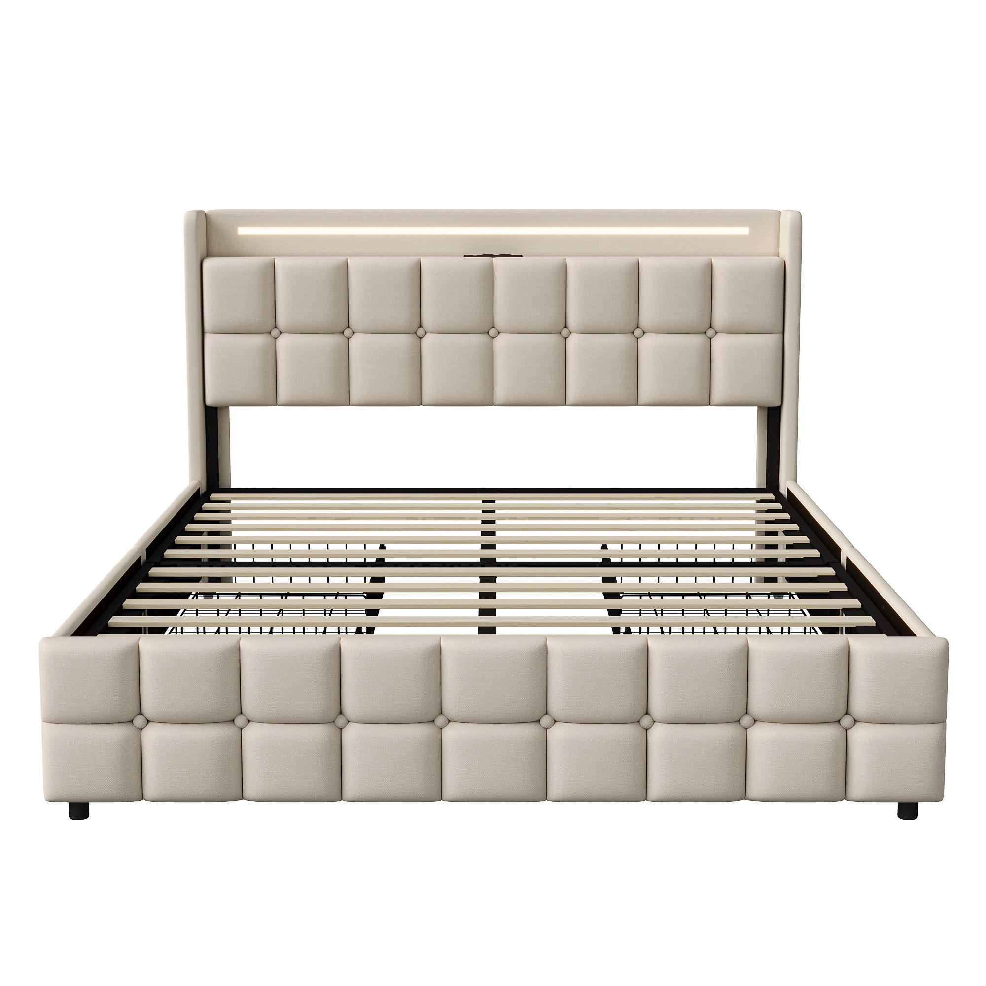 POLSTERBETT Geometrisch 180/200 cm mit 4 Schubladen & LED Leinenoptik Beige - Beige, Textil (180/200cm) - Creahappy