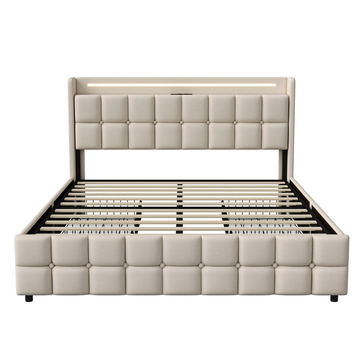POLSTERBETT 180x200 cm Doppelbett, 4 Aufbewahrungsschubladen, LED-Leuchten & USB-Ladeanschluss, Leinenstoff in Beige - Beige, Holz (180/200cm) - BRILVERDE