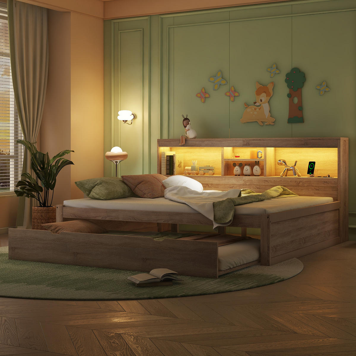 MULTIFUNKTIONSBETT 140/200 cm Natur mit Ambientebeleuchtung und USB-Anschlüssen - Naturfarben, Holzwerkstoff (140/200cm) - OKWISH