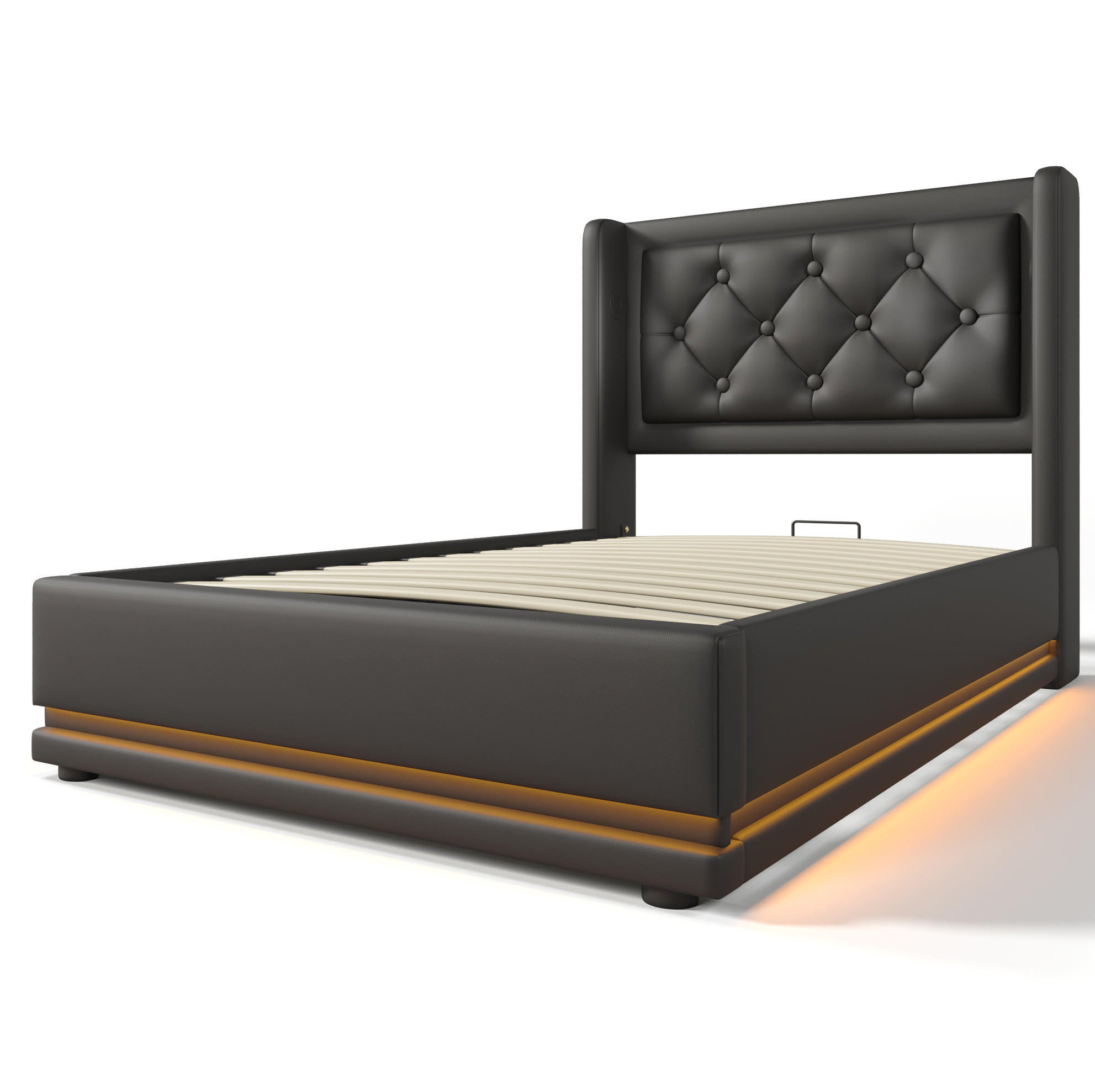 Modfu ČALOUNĚNÁ postel z PU 90x200 cm černá s hydraulickým úložným prostorem, LED osvětlením a USB/USB-C nabíjením