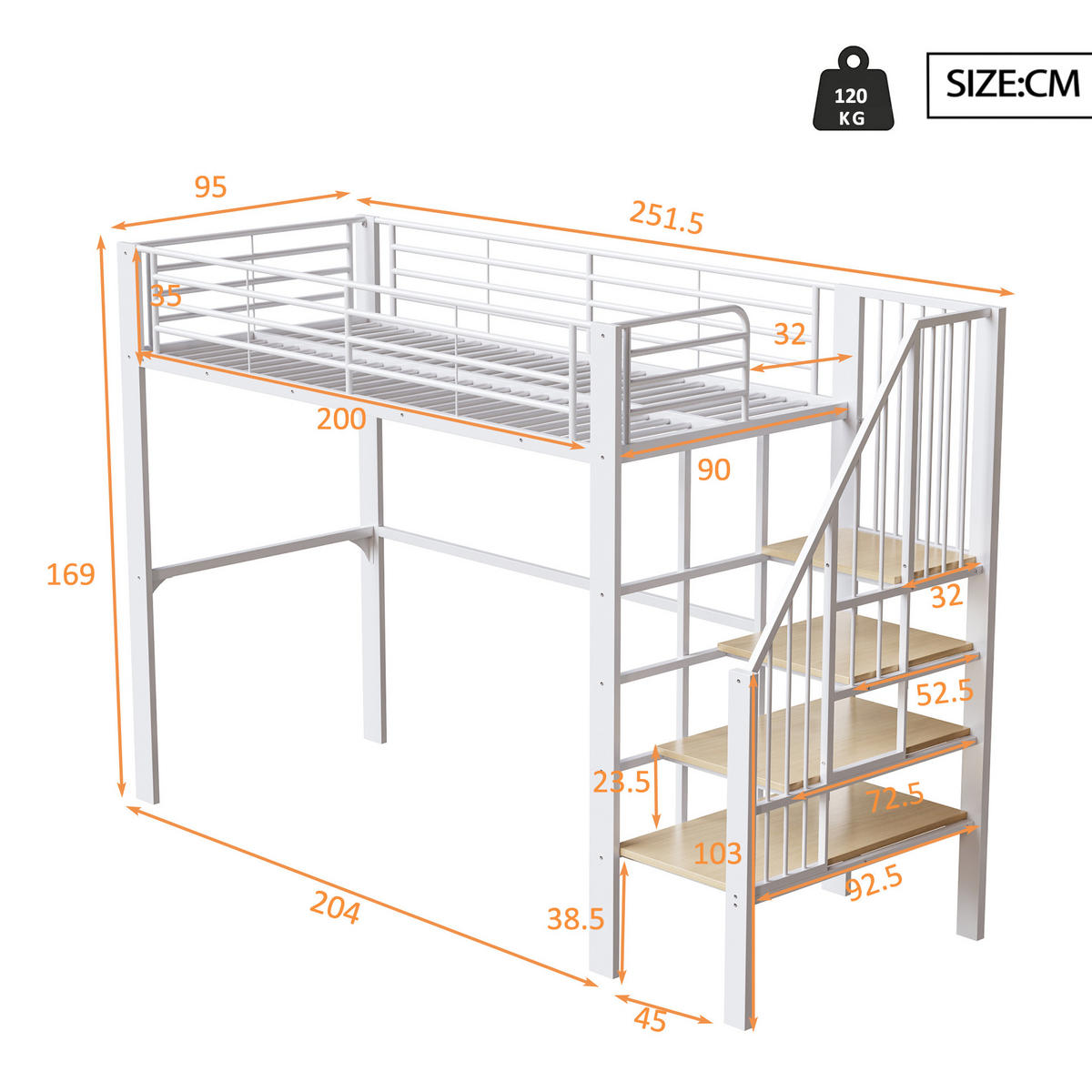 HOCHBETT 90/200 cm Weiß mit Stauraum und Treppe aus Metall - Weiß, Metall (90/200cm) - MIVRAY