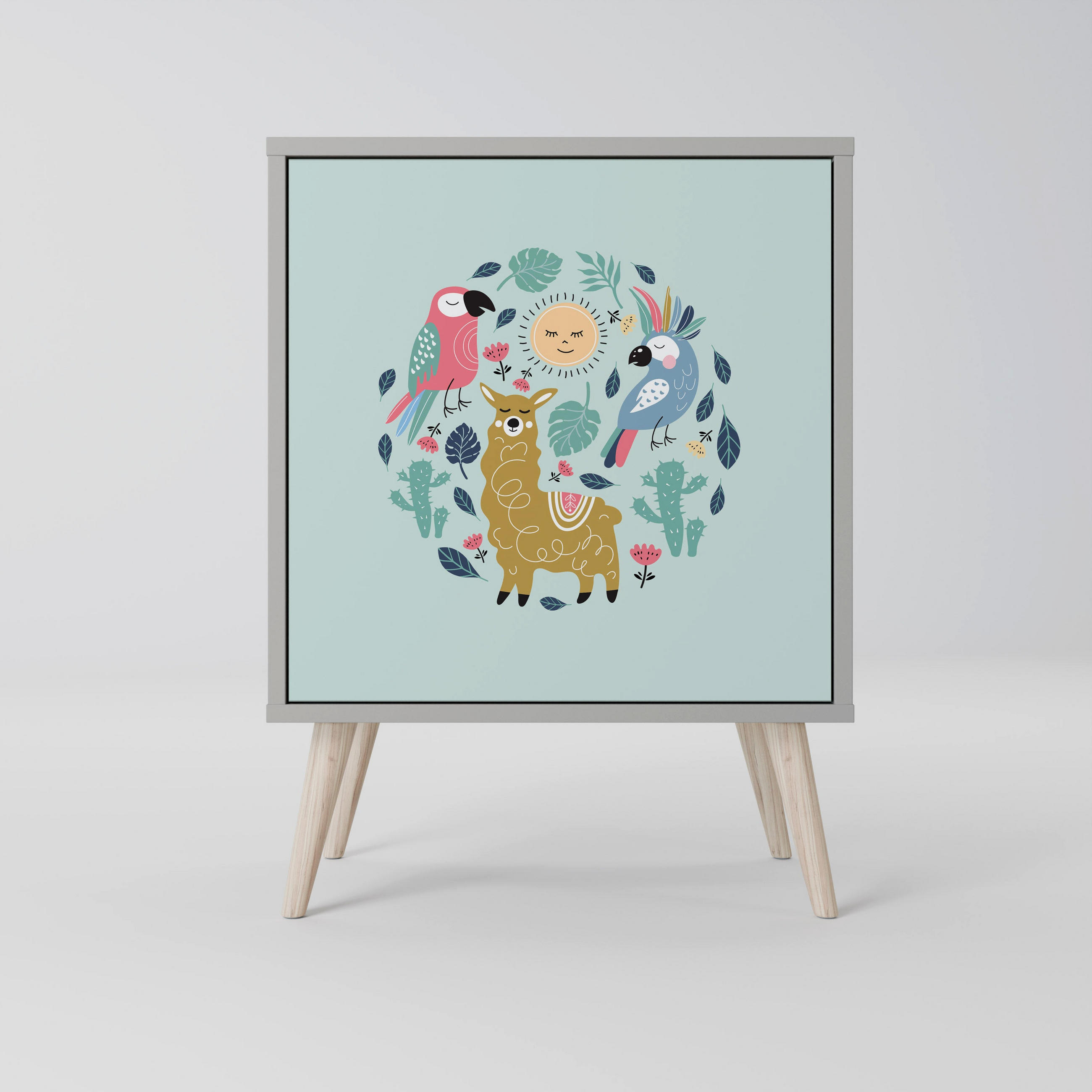 SIDEBOARD COLORFUL ALPACAS, Grau, 57,5x42x77,5 cm, Schräge Buchenholzfüße - Buchefarben/Multicolor, Holzwerkstoff/Buchenholz (57.5/77.5/42cm) - SpaceRebels