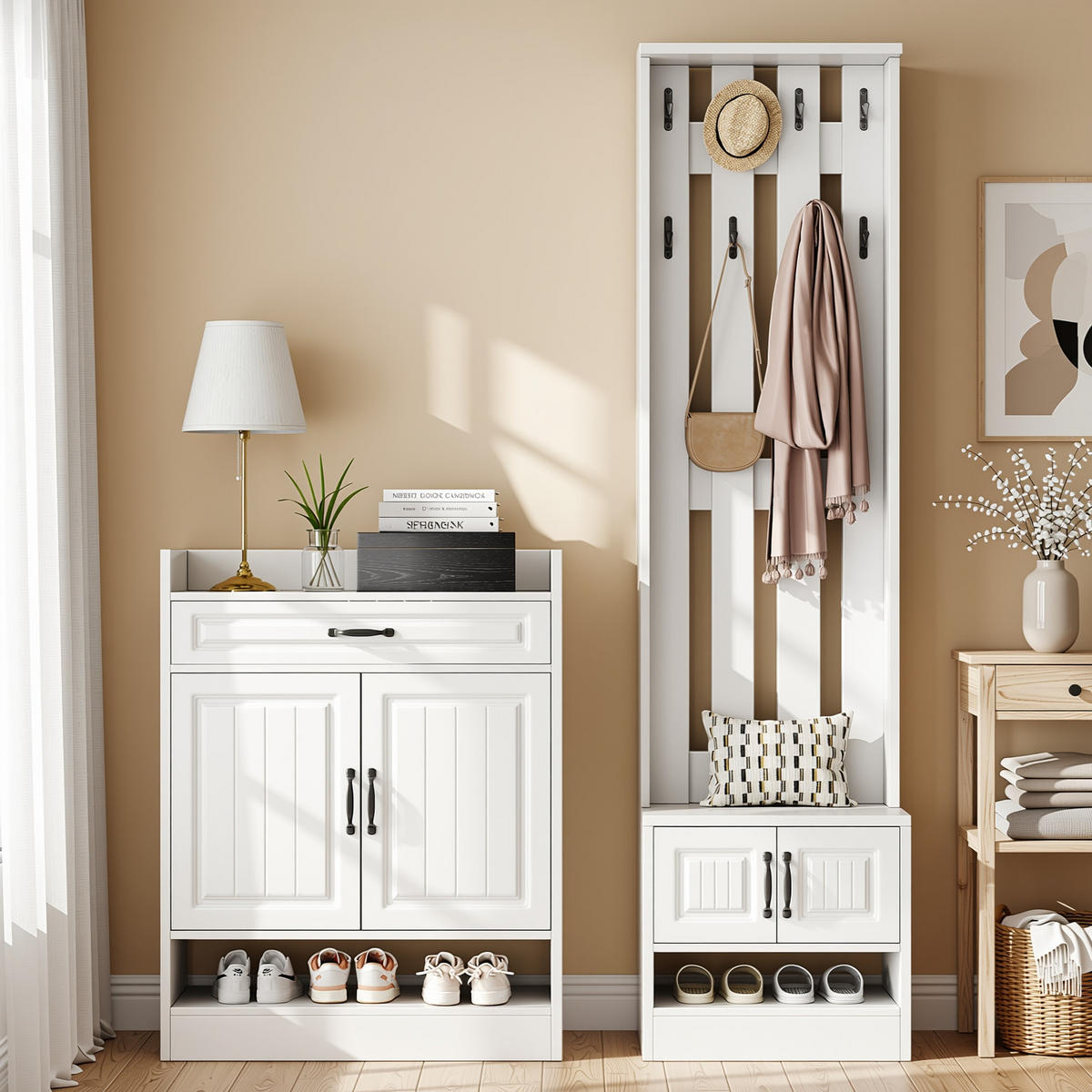 GARDEROBEN-SET in Weiß Komplett-Garderobe mit Schuhbank Schrank & Wandpaneel - Weiß, Holzwerkstoff (125/190/36cm) - Urban Meuble