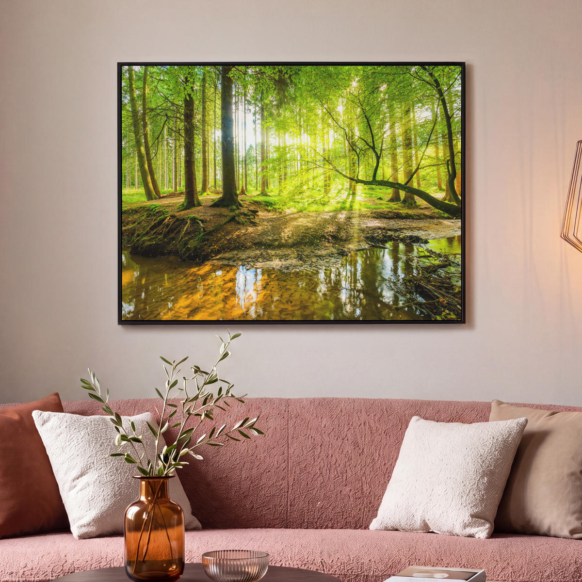 LEINWAND Bilder mit Rahmen - Wald - Landschaft - Wasser - Bäume - Sonne - Grün - Natur - 100x70 - Grün, Textil (100/70cm) - MuchoWow