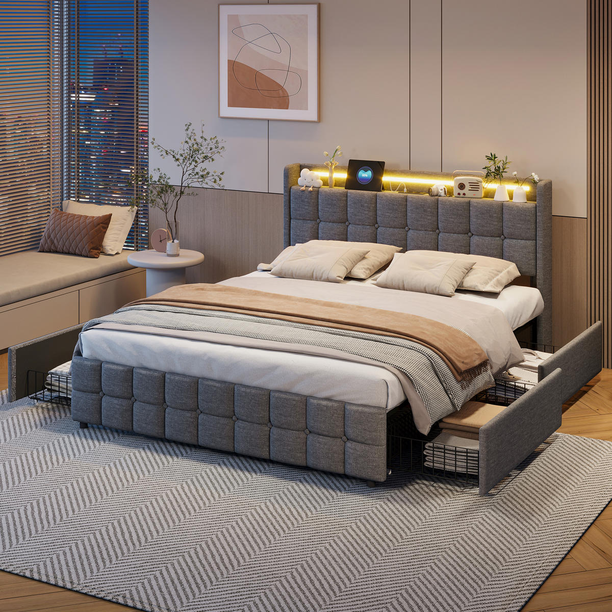 POLSTERBETT 160/200 cm mit Ladestation und 4 Schubladen, Doppelbett Grau,ohne Matratze - Naturfarben/Grau, Holz/Textil (160/200cm) - PARAFTA HOME