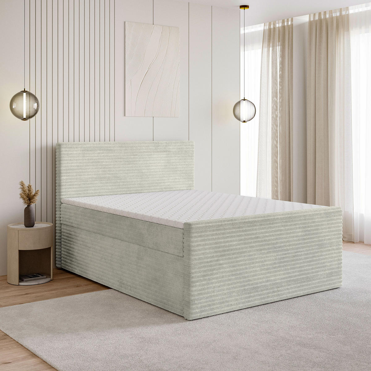 BOXBETT NOLEN 180x200 cm mit Matratze und Topper - Hellgrau - Hellgrau, Holz (180/200cm) - MASSENO
