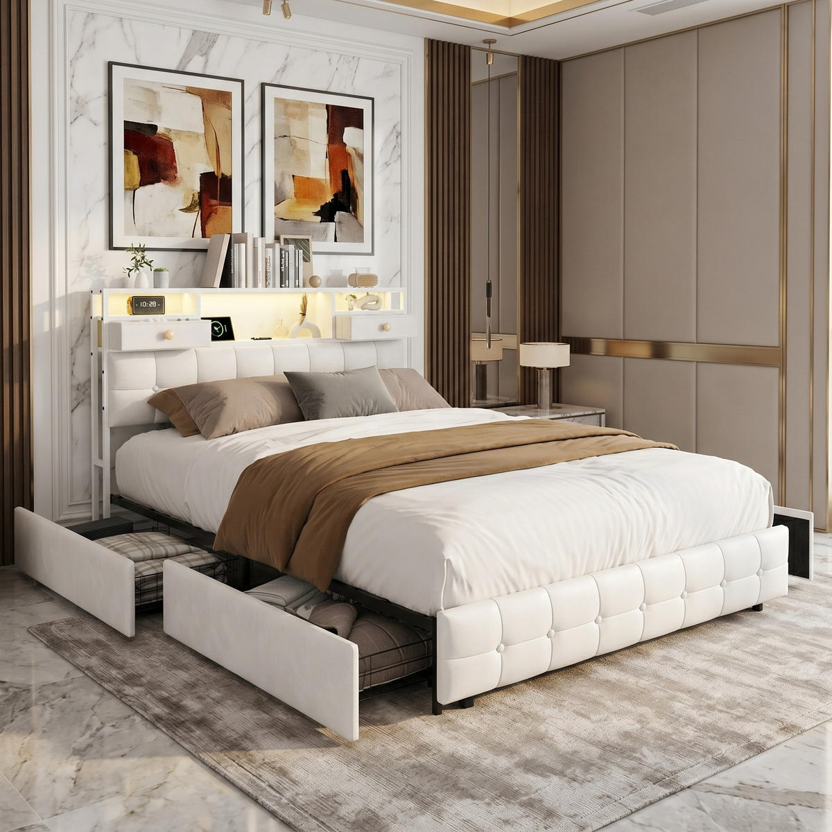 STAURAUMBETT 140/200 cm aus Samt, mit 4 seitlichen Schubladen + 2 Kopfteil-Schubladen, LED und USB-Anschluss, Beige - Beige, Holzwerkstoff (140/200cm) - Brevoria
