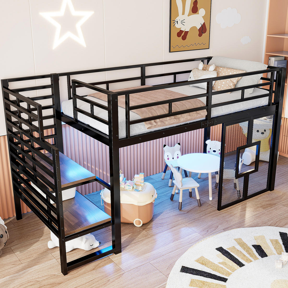 HOCHBETT 90/200 cm in Schwarz mit Stauraumtreppe, LED und Fenstern - Schwarz, Metall (90/200cm) - WISHDOR