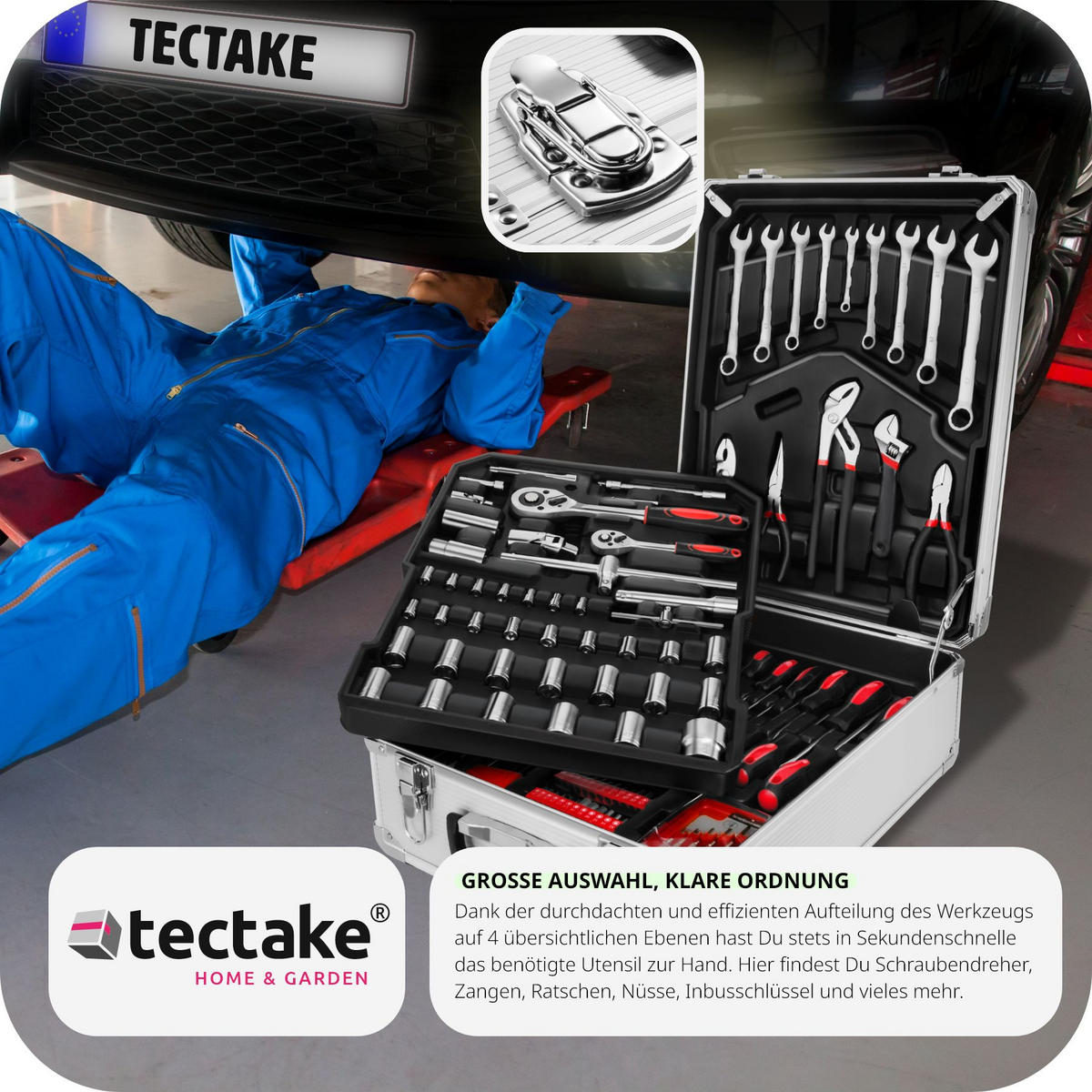 WERKZEUGKOFFER ,mit Klappgriff und Teleskopgriff, inklusive Handschuhe,silber - Silberfarben, Metall (20/51/37cm) - tectake