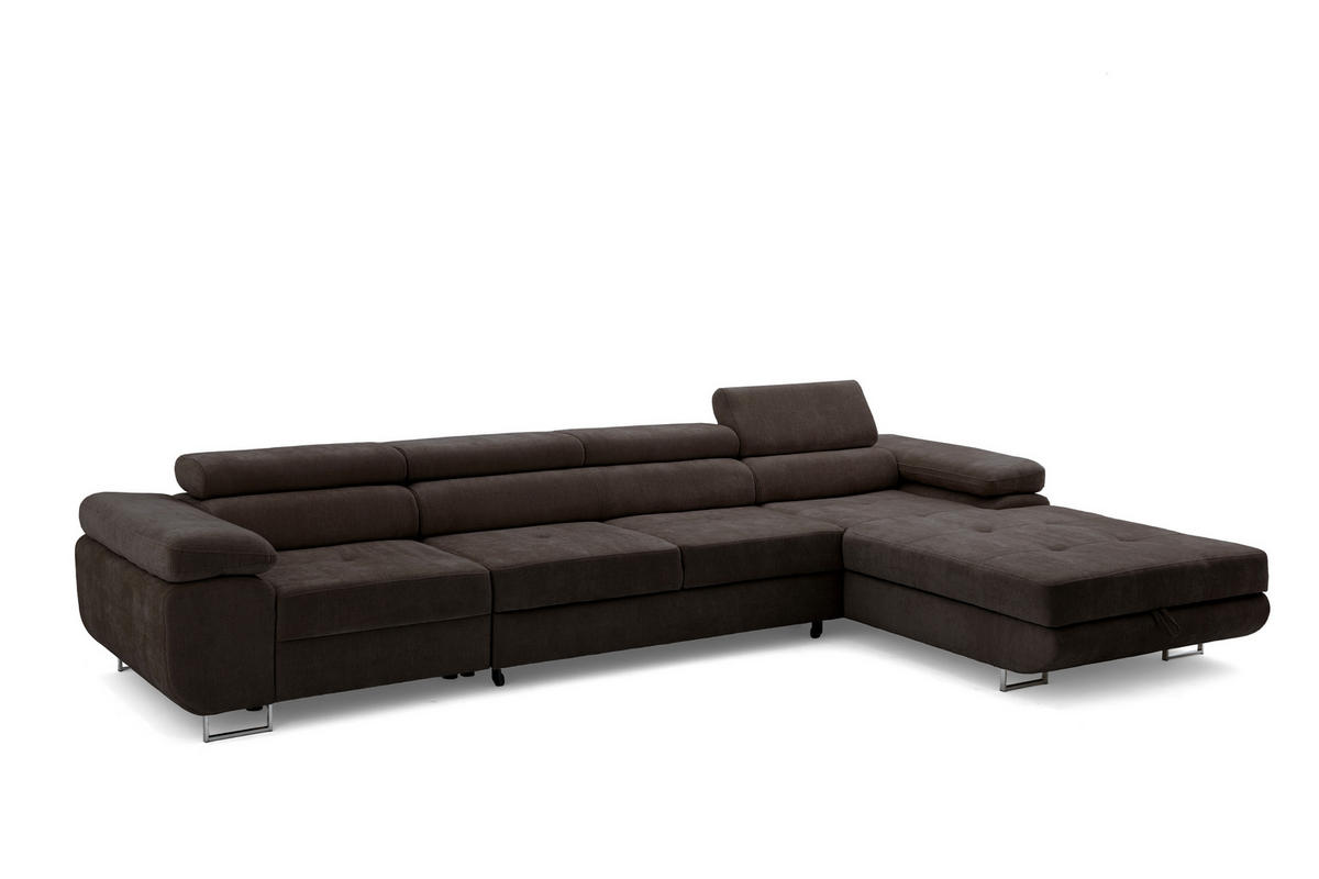 ECKSOFA ALONZO MAXI Rechts mit Schlaffunktion 125x195 Chenille Dunkelbraun - Chromfarben/Dunkelbraun, Holz/Textil (203/350cm) - Muffo