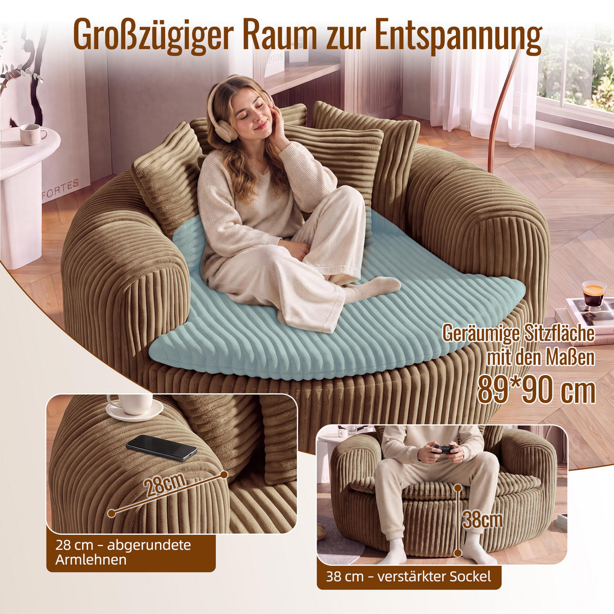 SITZSACK Cord Extrabreit mit 5 Kissen - Sandfarben, Textil (145/59/133cm) - Urban Meuble