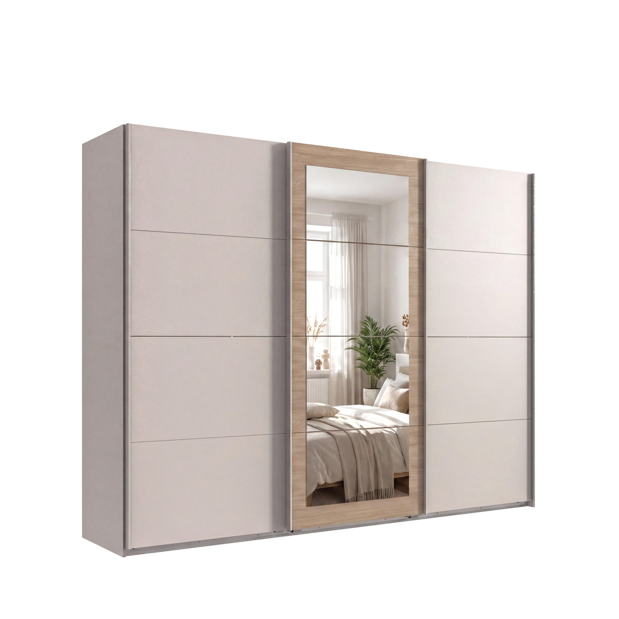 SCHWEBETÜRENSCHRANK 3-türig B270/H208/64 cm Kleiderschrank in Beige Grau, Spiegel umrahmt in Eiche Natur, Griffe Beige Grau / 22628 - Beige/Grau, Holzwerkstoff/Metall (270/208/64cm) - luma-home