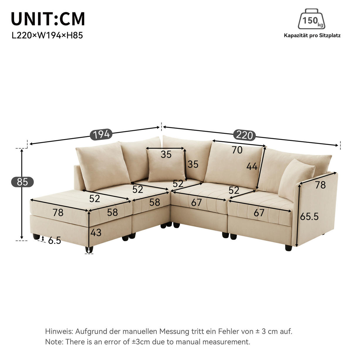 WOHNLANDSCHAFT aus Baumwolle und Leinen 220x194x85 cm in Beige mit flexiblem Hocker - Beige, Textil (194/85/220cm) - Modfu