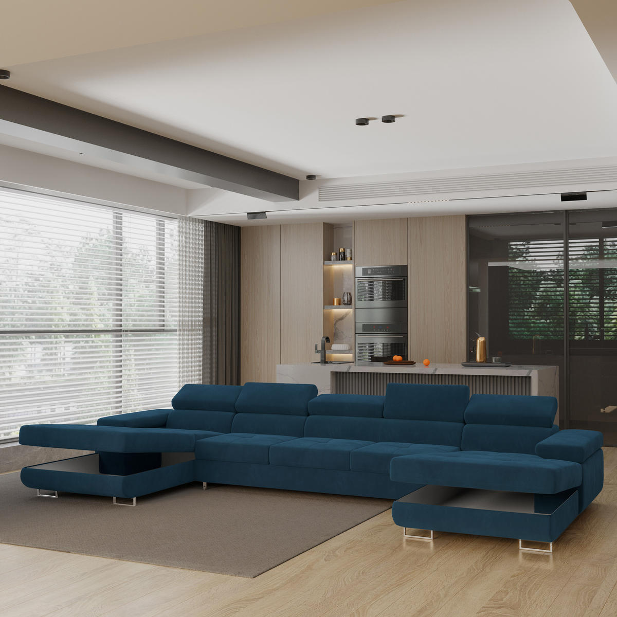 WOHNLANDSCHAFT OMBRA Blau Velours-Stoff mit Schlaffunktion - Blau, Holz (425/90/202cm) - MASSENO