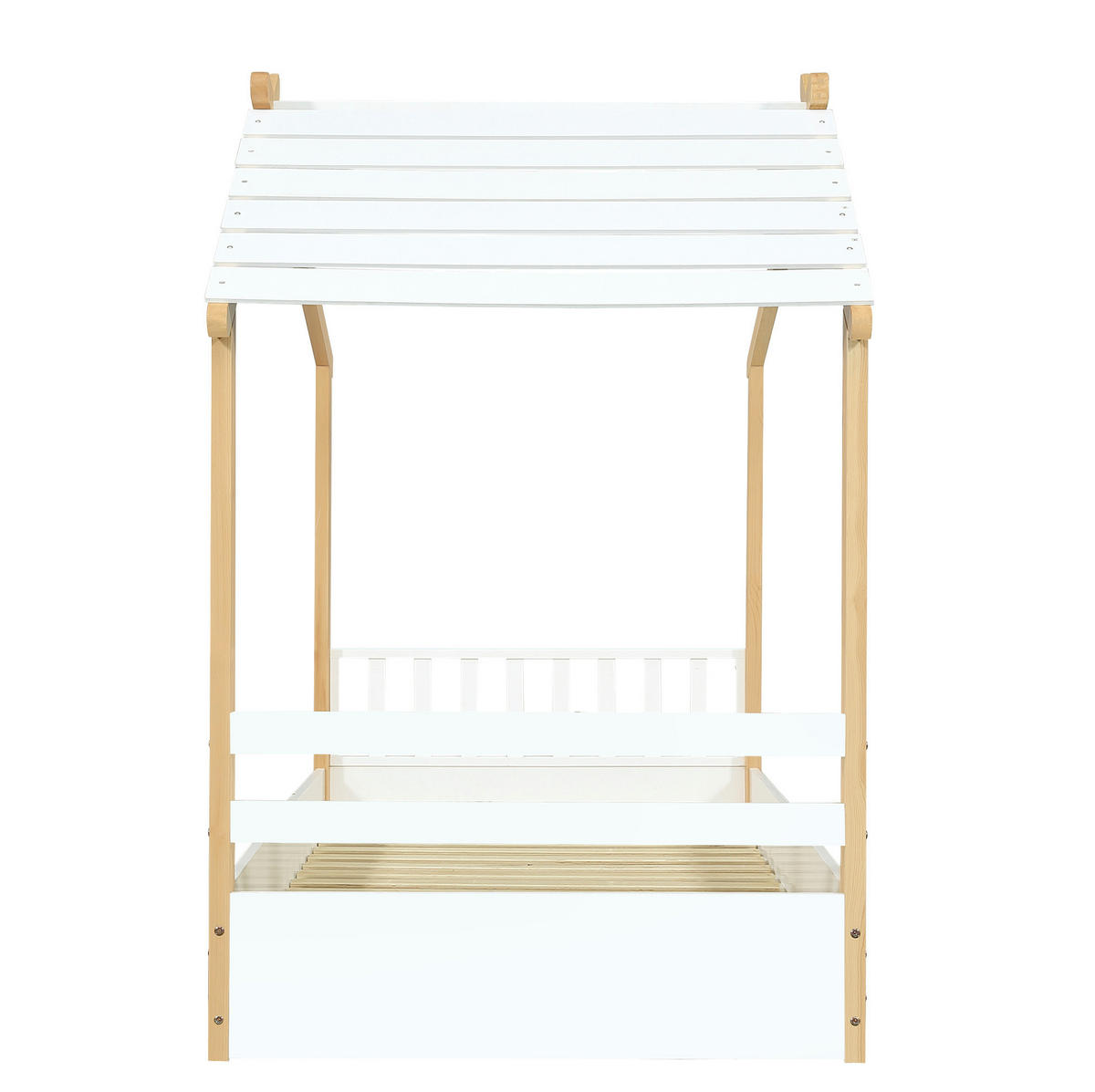 KINDERBETT 90/200 cm, Weiß/Natur mit Hausdesign, Lattenrost, ohne Matratze - Weiß, Holz (90/200cm) - MIVRAY