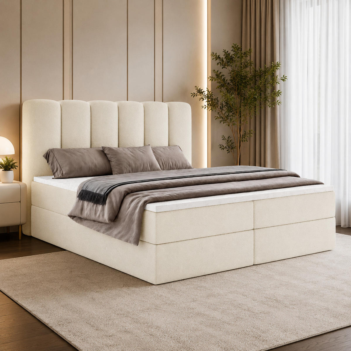 BOXBET NOLARO 160x200 cm Komplett-Set mit Bettkasten, Bonell-Matratze und Topper, Bouclé Creme - Creme, Textil (160/200cm) - Luxkor24