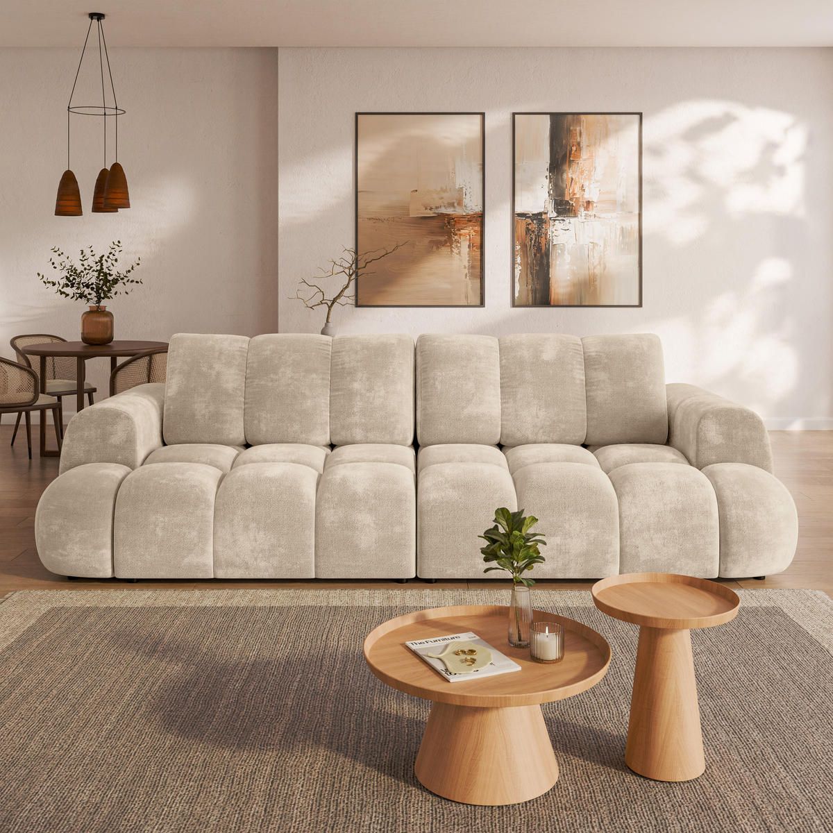 BETTSOFA DAFNE Creme Chenille-Stoff mit Schlaffunktion - Creme, Textil (300/88/113cm) - MASSENO