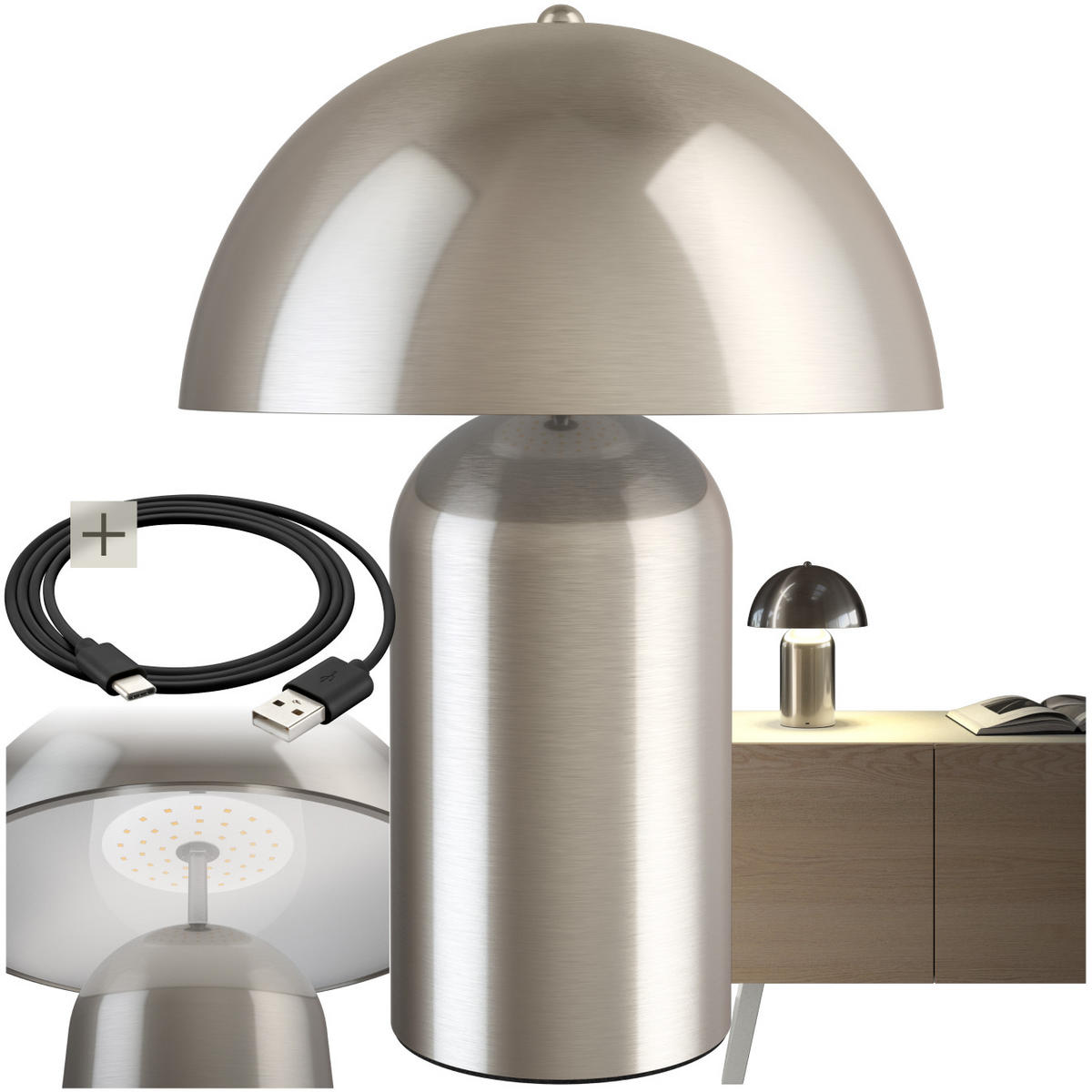 AKKU-TISCHLAMPE Kade,25 x 34 cm,Nickel matt - Nickelfarben, Metall (25/25/34cm) - tectake