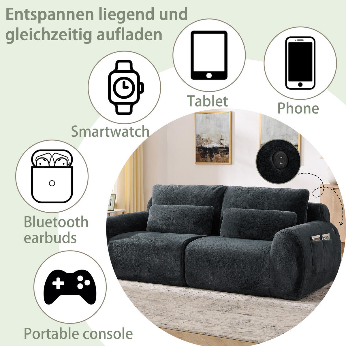 2-SITZER SOFA Kaninchenstil-Kunstfell Grau mit USB und Magazintasche - Grau, Textil (208/81/101cm) - WISHDOR