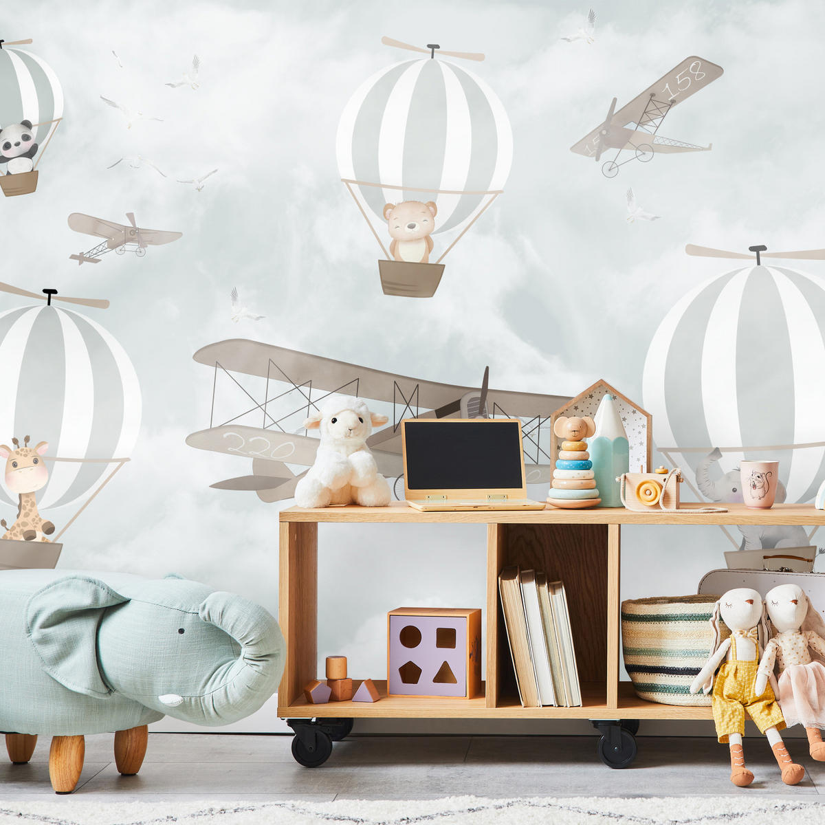 FOTOTAPETE für Kinderzimmer Ballons Tiere Wolken Flugzeuge Fantasie Retro 350x256 - Beige/Braun, Papier (350/256cm) - Muralo