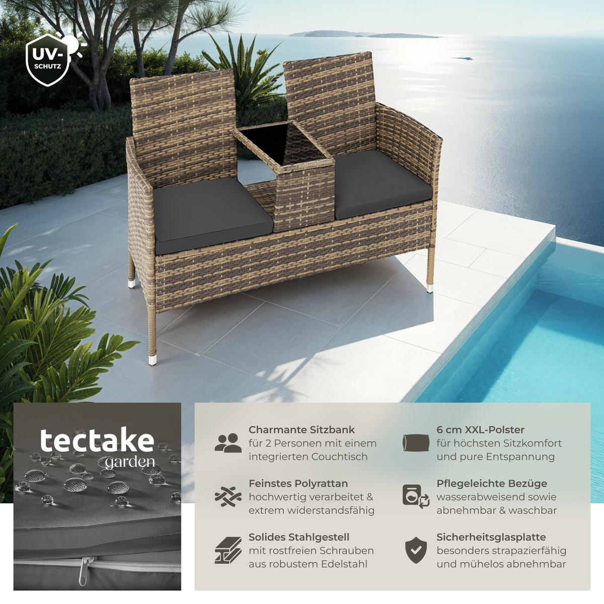 RATTAN GARTENSITZBANK Narbonne,131 x 59 x 82 cm,natur/dunkelgrau - Naturfarben, Kunststoff (61/82/131cm) - tectake