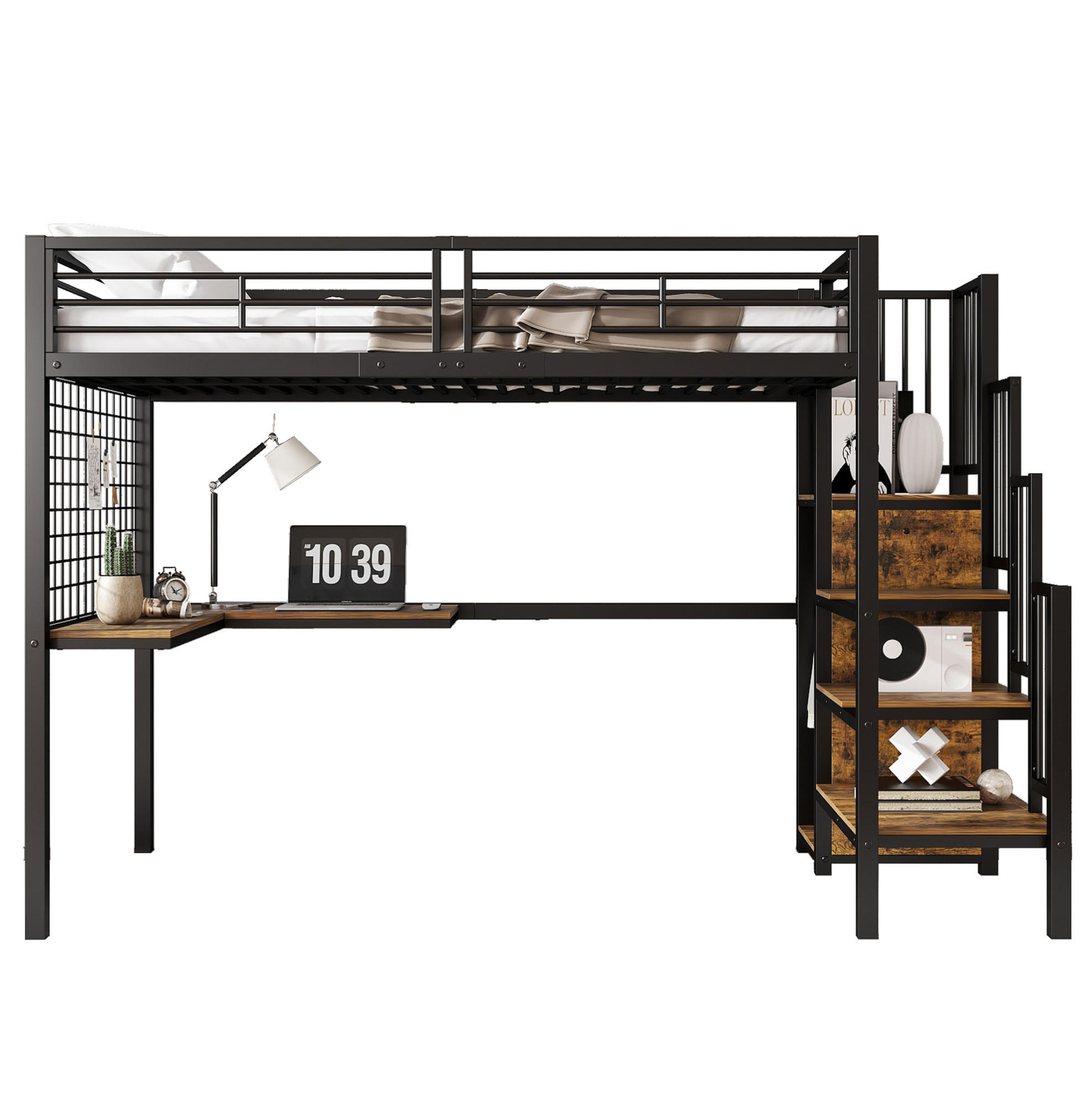 HOCHBETT 90/200 cm aus Metall mit Kleiderschrank und Tisch in Schwarz/Walnuss - Schwarz, Holzwerkstoff (90/200cm) - Flora Grace