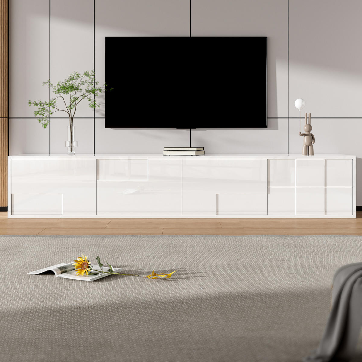 TV Lowboard 170 cm, 3 Türen, 2 Schubladen, Weiß - Weiß, Holz (170/30/30cm)