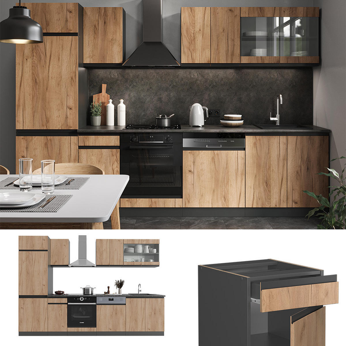 KÜCHENZEILE R-Line Goldkraft Eiche/Anthrazit 300 cm J-Shape - Honigeiche/Anthrazit, Holzwerkstoff (300/81.6/46cm) - Vicco
