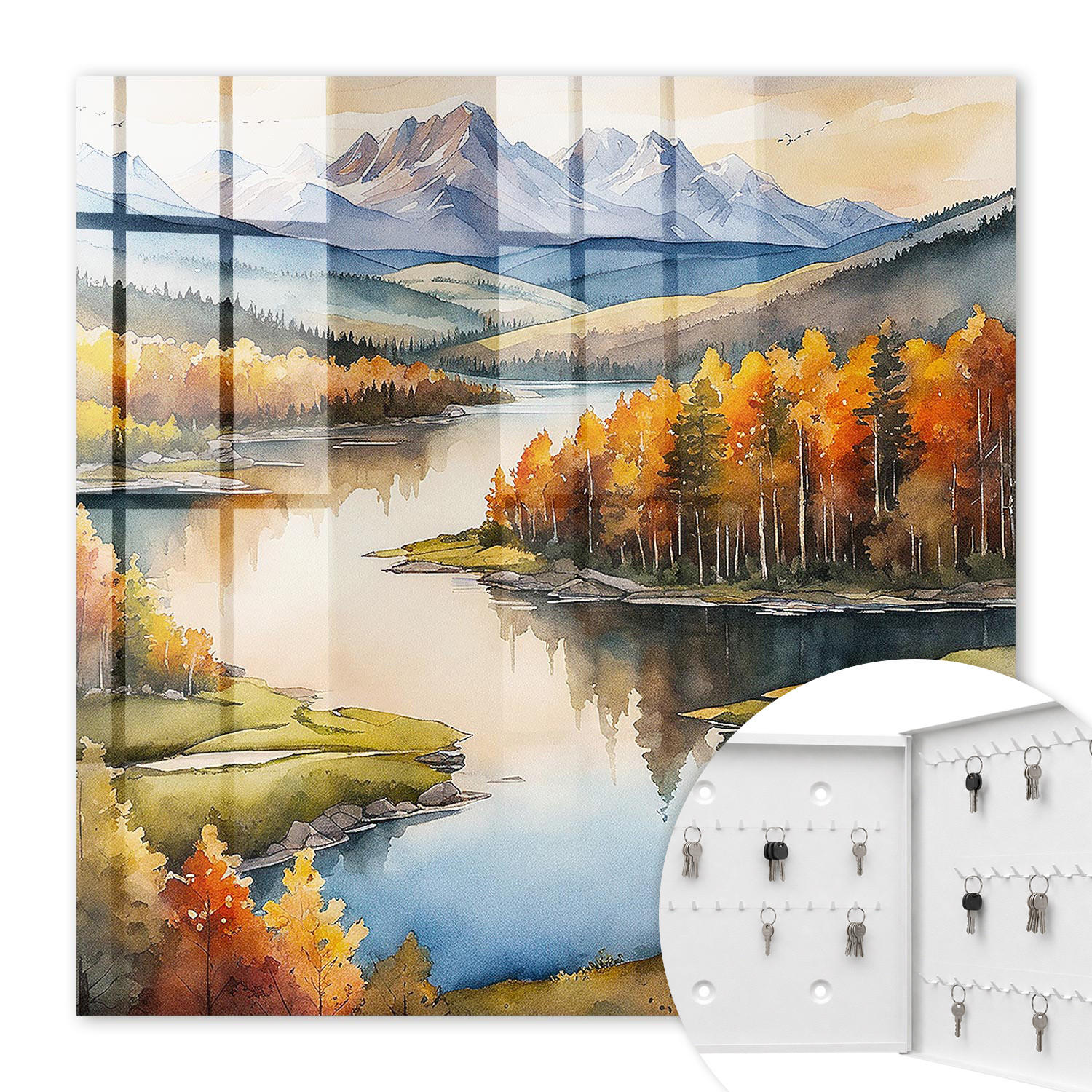 SCHLÜSSELBOX Weiß 30x30 cm – Türöffnung nach rechts - Herbstliche Berge - Orange, Metall (30/30/5cm) - TULUP