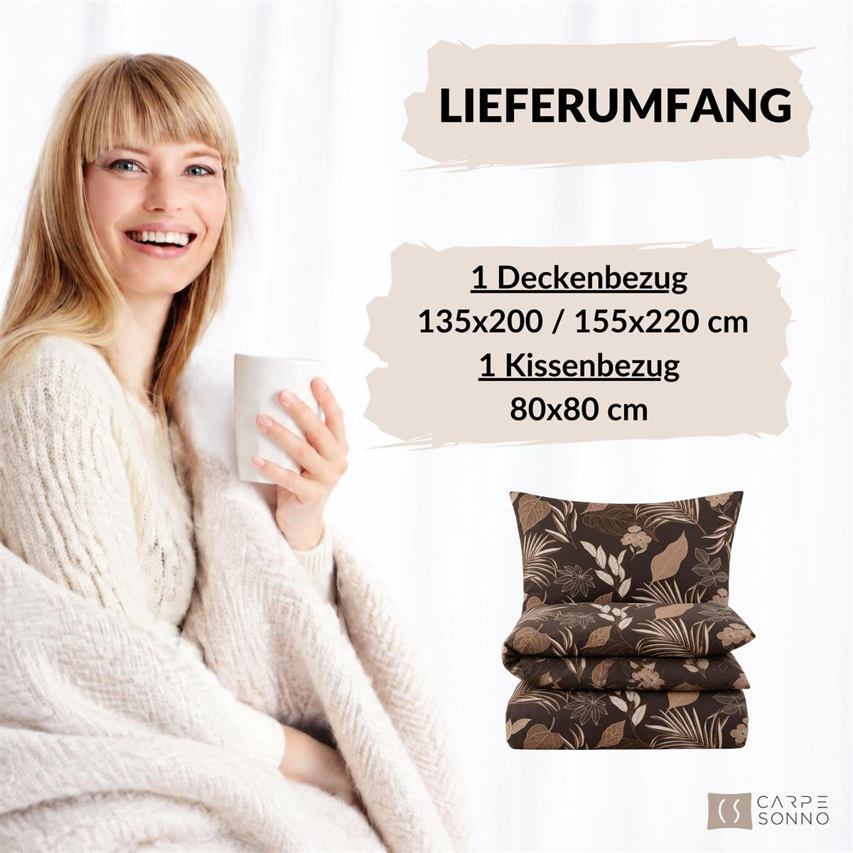 BIBER-BETTWÄSCHE 155x220 - Kuschelig warmer Flanell Bettbezug aus 100% Baumwolle für Herbst & Winter - Blüten und Blätter - Braun, Textil (155/220cm) - Carpe Sonno