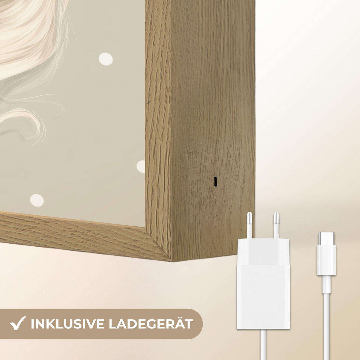 NÁSTĚNNÁ LAMPA S AKUMULÁTOREM Jednorožec - bílý - tečky 30x40 cm - šedohnědá, kompozitní dřevo (30/40/8cm) - OnlyWow