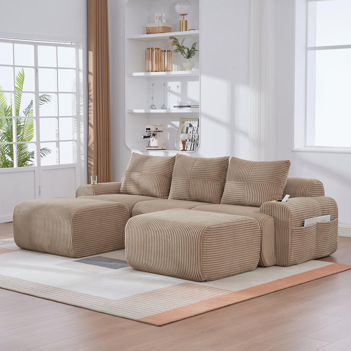 3-SITZER Wohnlandschaft Cord mit 2 Hockern Getränkehalter und Seitentasche 268/174/80 cm Sandfarben - Sandfarben, Textil (174/80/268cm) - Redom