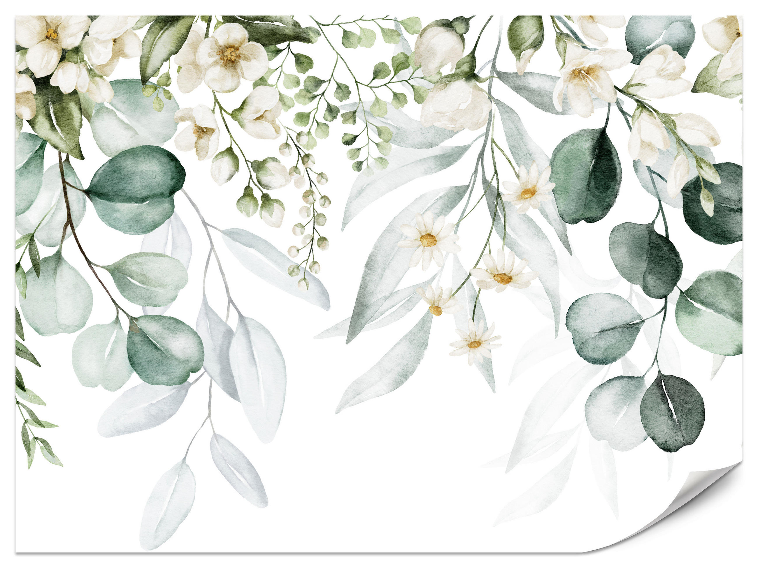 FOTOTAPETE für Schlafzimmer Aquarell Blätter Blumen Weiß 500x350 - Gelb/Weiß, Papier (500/350cm) - Muralo