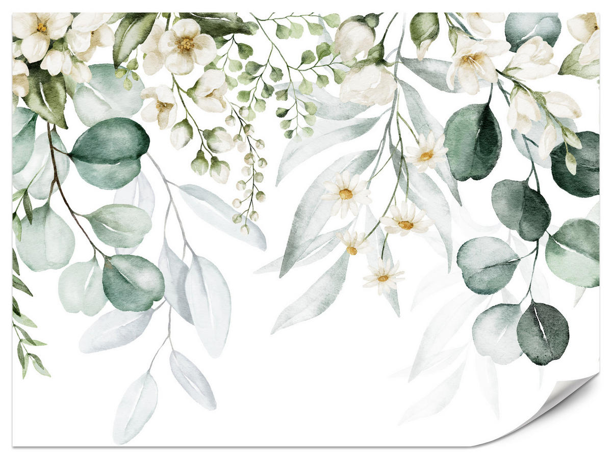 FOTOTAPETE für Schlafzimmer Aquarell Blätter Blumen Weiß 500x350 - Gelb/Weiß, Papier (500/350cm) - Muralo