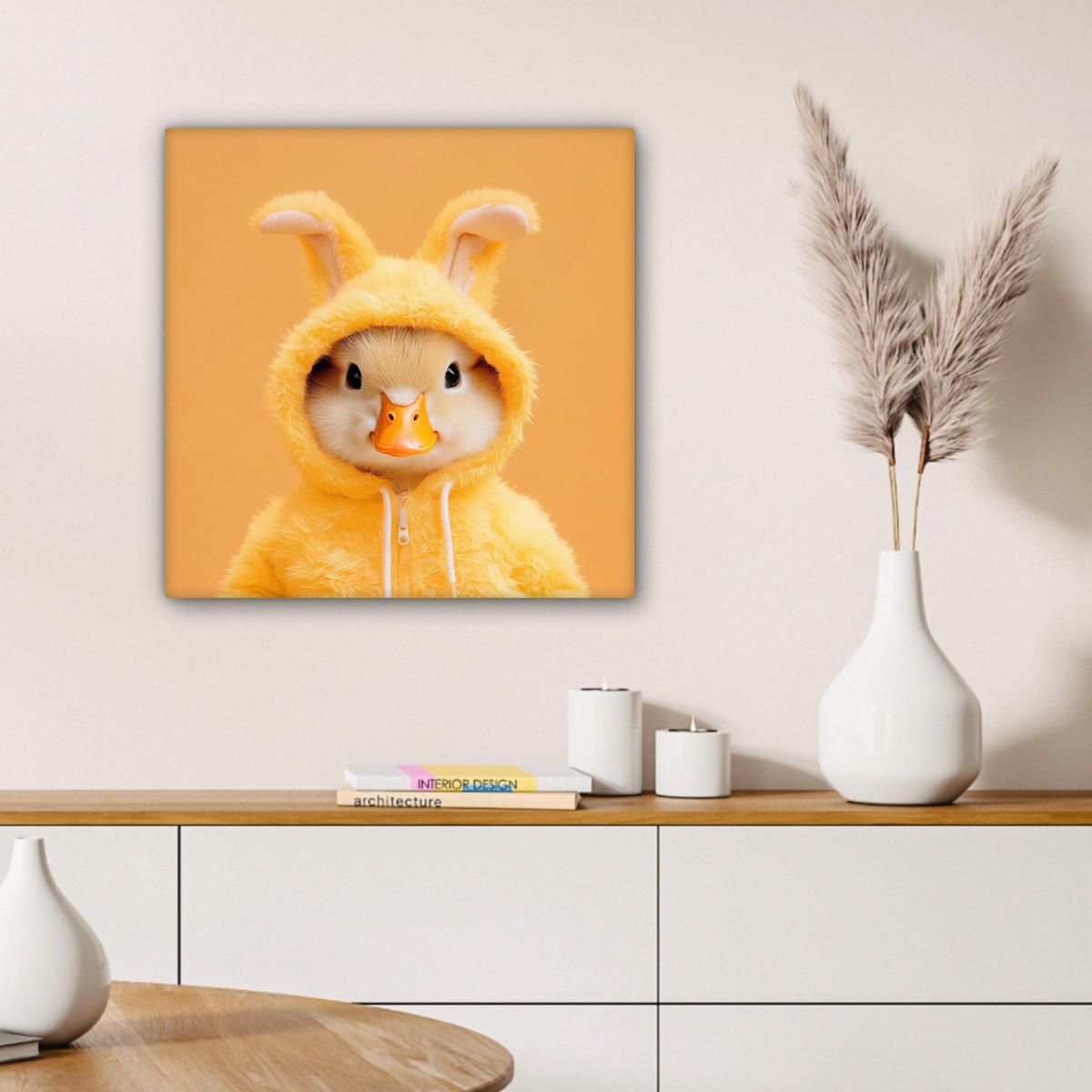 LEINWANDBILD Osterhase - Kostüm - Ente Wandbild Wohnzimmer 50x50 cm - Gelb, Textil (50/50cm) - MuchoWow