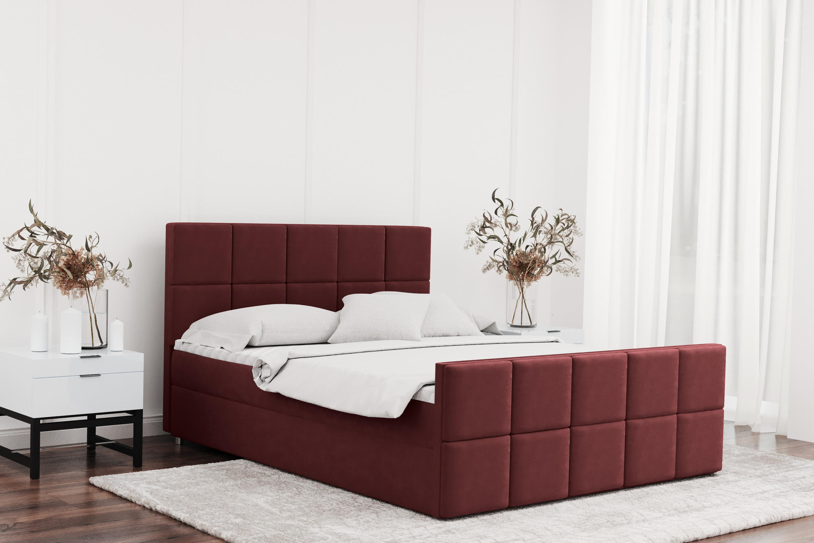 BOXBETT mit Bettkasten und Matratze Topper HANA Stoff Matt Velvet Rotwein 140x200 cm H2-Pocket - Rot, Holz/Textil (140/200cm) - Kaiser Möbel