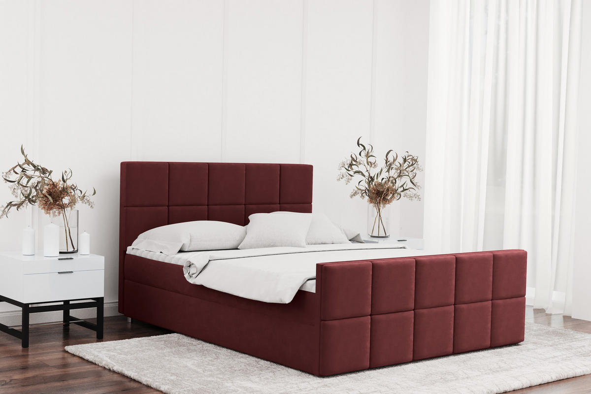 BOXBETT mit Bettkasten und Matratze Topper HANA Stoff Matt Velvet Rotwein 140x200 cm H2-Pocket - Rot, Holz/Textil (140/200cm) - Kaiser Möbel